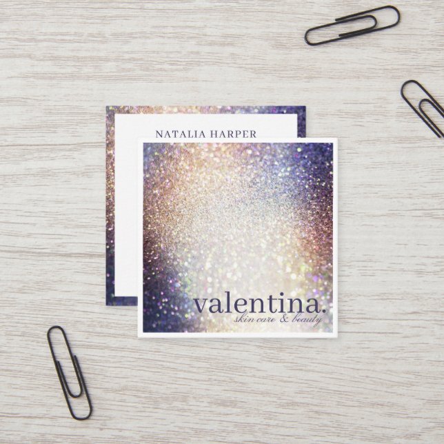 Cartão De Visita Quadrado Violeta Elegante e Champanhe - Maquiagem de Beleza (Frente/Verso In Situ)