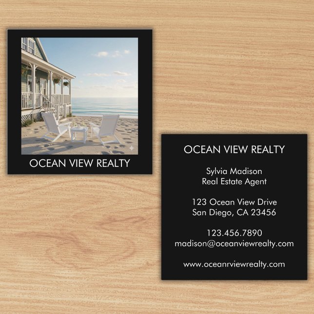 Cartão De Visita Quadrado Vista de Oceano Personalizado Realty Preto (Custom Ocean View Photo Realty Black Square Business Card)