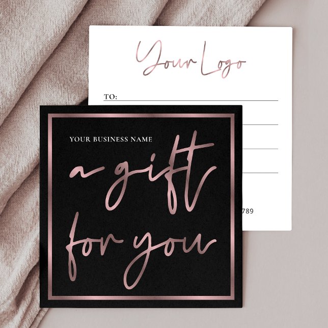 Cartão De Visita Quadrado Voucher do logotipo comercial Elegante preto rosa  (Criador carregado)