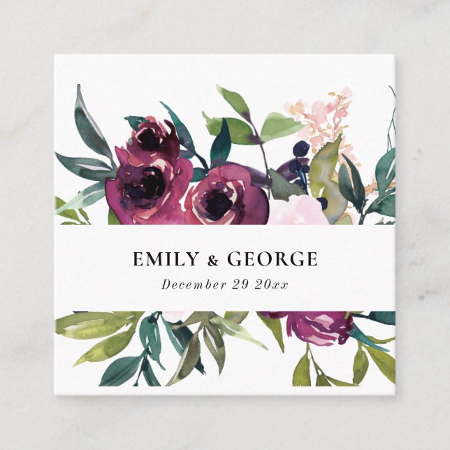 CARTÃO DE VISITA QUADRADO WEBSITE BRIGHT BLUSH BURGUNDY FLORAL BUNCH (Frente)