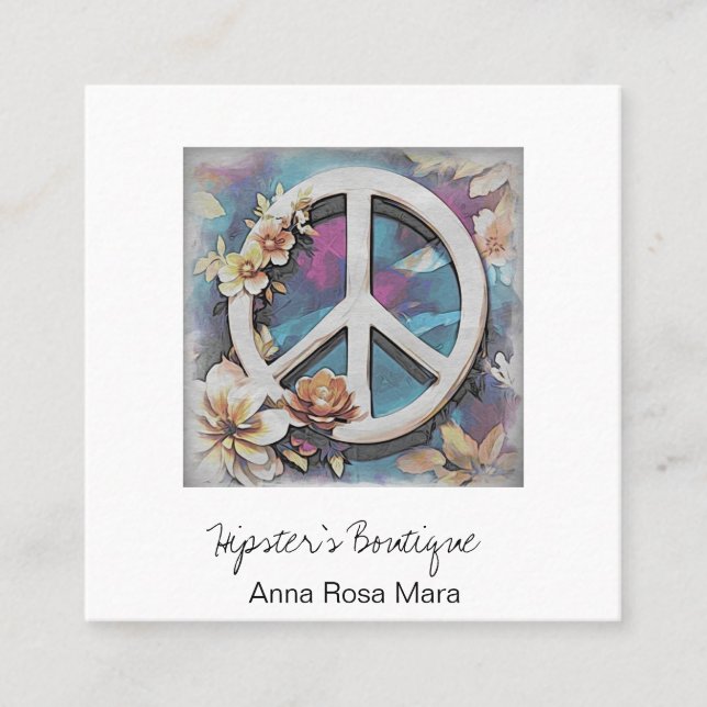 Cartão De Visita Quadrado *~* White AP57 QR Peace Sign Flowers Grunge Boho (Frente)