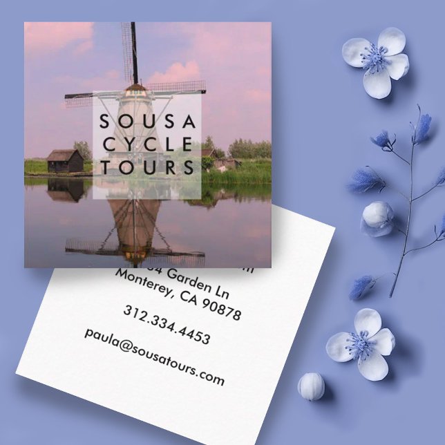 Cartão De Visita Quadrado Windmill Dutch Kinderdijk Fototurismo Viagem (Custom photography business card, square format. Photo of Dutch windmill at sunset.)