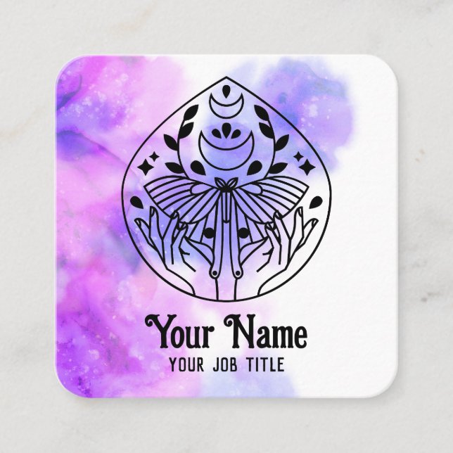 Cartão De Visita Quadrado Witchy Mystic Moth Moon Spiritual Business Card (Frente)