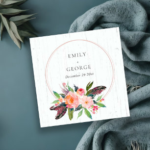 CARTÃO DE VISITA QUADRADO WOOD BOHO BLUSH FLORAL WREATH WEDTING RSVP