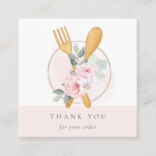 Cartão De Visita Quadrado Wooden Fork Spoon Blush Chef Floral Obrigado
