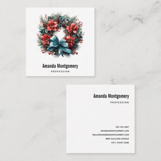 Cartão De Visita Quadrado Wreath da Aquarela de Natal com Holly (Frente/Verso)