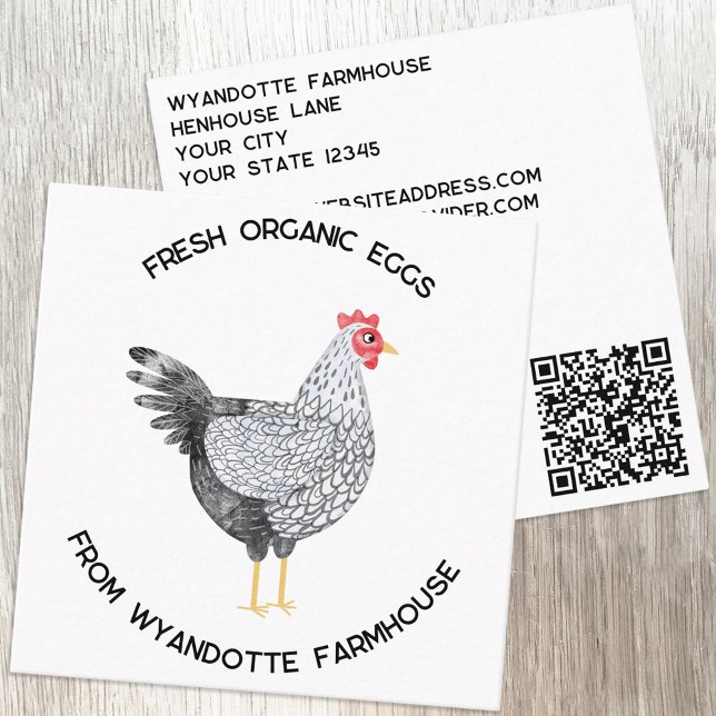 Cartão De Visita Quadrado Wyandotte Chicken Fazenda Ovos QR (Wyandotte Chicken hen watercolor custom text QR code farm poultry eggs business card)
