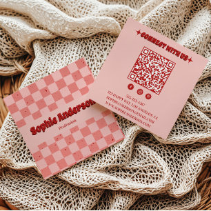 Cartão De Visita Quadrado Xadrez Retro Rosa e Vermelho com Código QR
