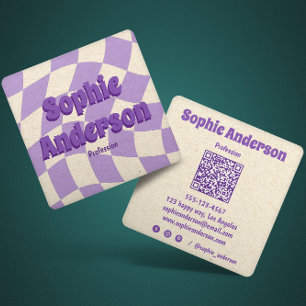 Cartão De Visita Quadrado Xadrez Roxo Ondulado Retrô com Código QR