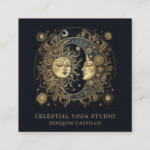 Cartão De Visita Quadrado Yoga da Lua Negra Celestial Dourada