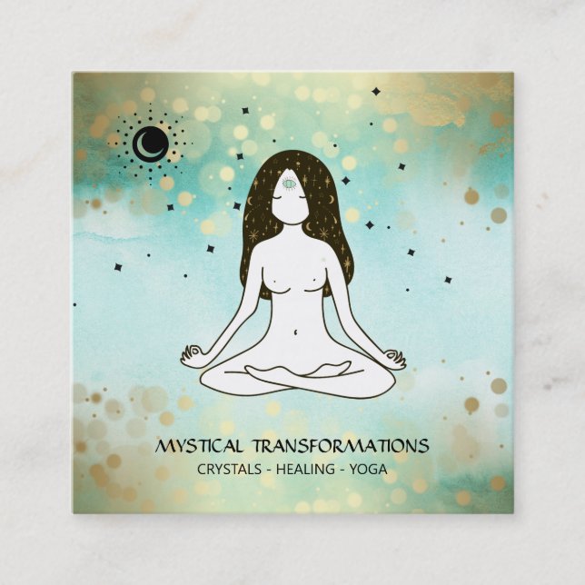 Cartão De Visita Quadrado *~* Yoga Goddese Celestial Moon Magic Boho Teal (Frente)