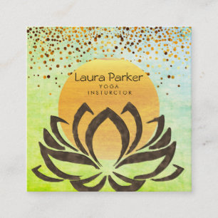 Cartão De Visita Quadrado Yoga Instrutor Lotus Flower Green Watercolor