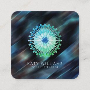 Cartão De Visita Quadrado Yoga Instrutor Lotus Flower Watercolor Blue Beach