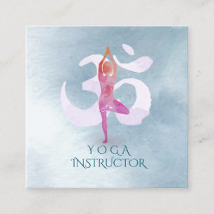 Cartão De Visita Quadrado Yoga Instrutor Meditação Pose Om Sinal Watercolor