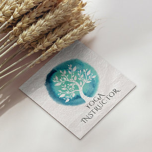 Cartão De Visita Quadrado Yoga Meditation Instrutor Elegante White Teal Tree