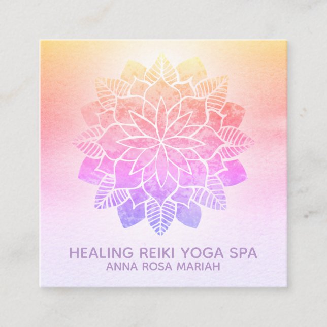 Cartão De Visita Quadrado *~* Yoga Pastel Rainbow Espiritual Reiki Mandala (Frente)