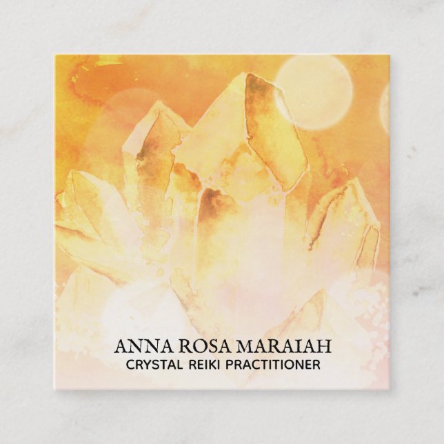 Cartão De Visita Quadrado *~* Yoga Reiki Crystal Cluster Healer Citrina Dour (Frente)