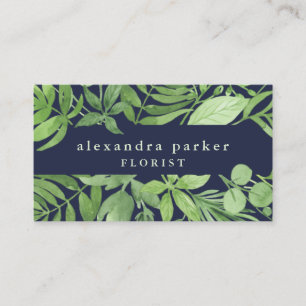 Cartão De Visita Quadro botânico verde Luxe das folhas em azul