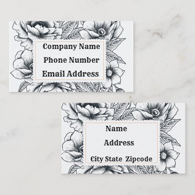 Cartão De Visita Quadro branco preto (Front/Back Black and White Floral Design Business Cards! )