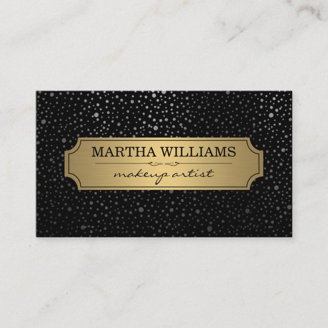 Cartão De Visita Quadro Dourado com padrão de pontos metálicos pret (Frente)