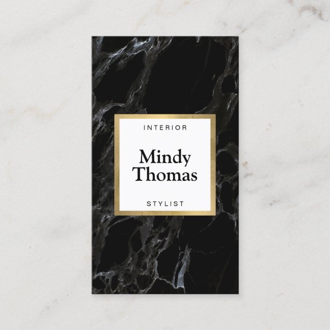 Cartão De Visita Quadro Dourado de Mármore Negro Moderno (Frente)