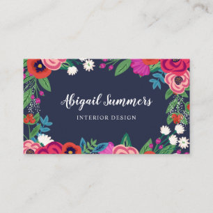 Cartão De Visita Quadro Floral de Boho Azul e Rosa marinho