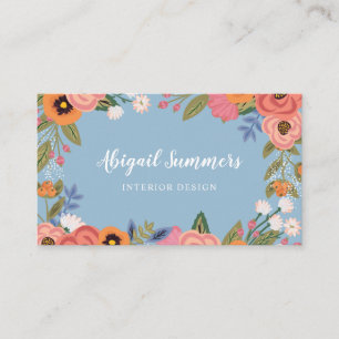 Cartão De Visita Quadro Floral de Boho Azul-Rosa Claro