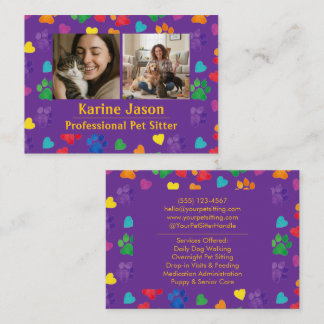 Cartão De Visita Rainbow Paw Prints  Hearts Customizable Pet Sitter