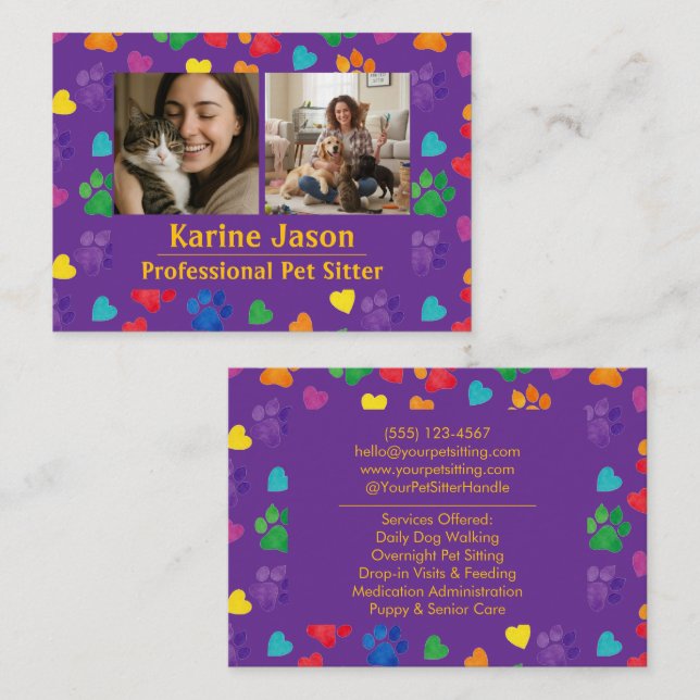 Cartão De Visita Rainbow Paw Prints  Hearts Customizable Pet Sitter (Frente/Verso)