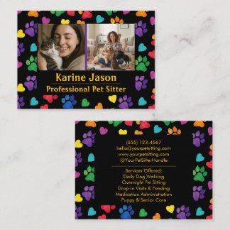 Cartão De Visita Rainbow Paw Prints  Hearts Customizable Pet Sitter