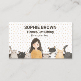 Cartão De Visita Rapariga com Gatinhos Aquarela Gato e Sentado em C