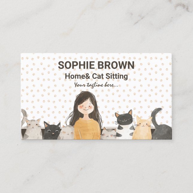 Cartão De Visita Rapariga com Gatinhos Aquarela Gato e Sentado em C (Frente)
