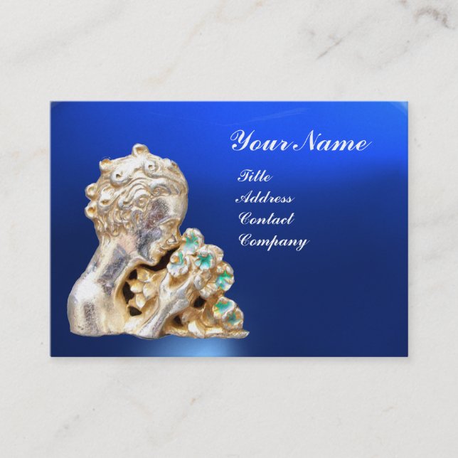 Cartão De Visita RAPARIGA JOVEM COM FLORES MONOGRAMA Dourado, Azul (Frente)