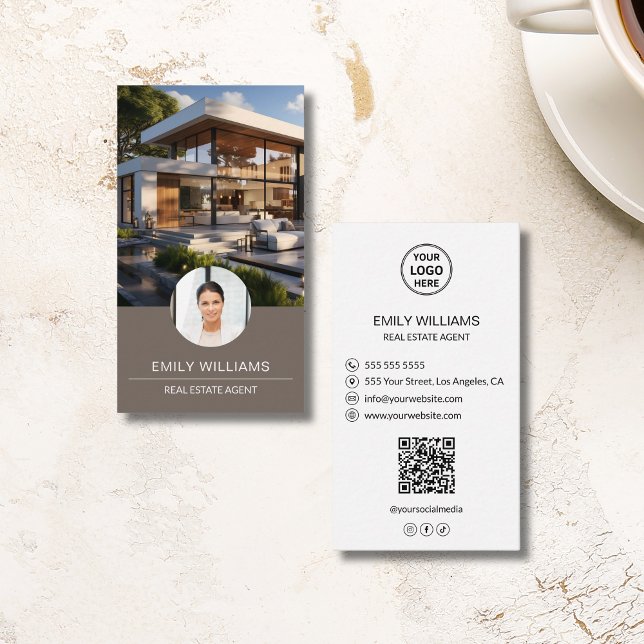 Cartão De Visita Real Estate Broker Custom Logo Photo QR Code (Real Estate Broker Custom Logo Photo QR Code Business Card)