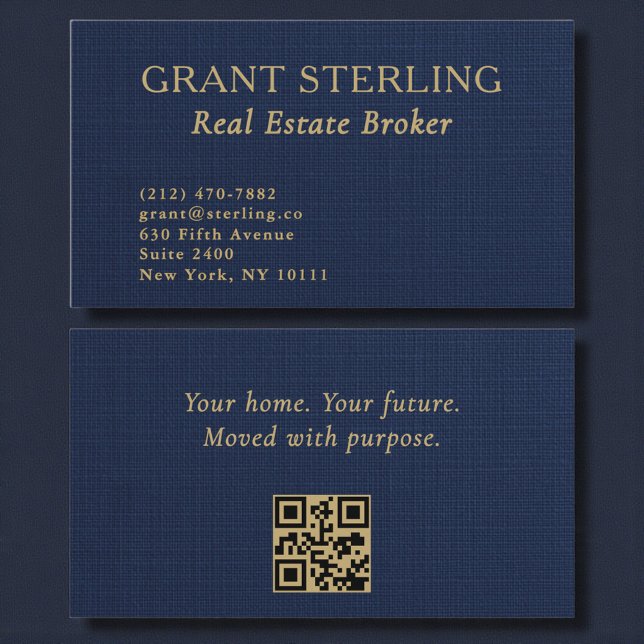 Cartão De Visita Real Estate Broker Navy Blue Gold Linen QR Code  (Criador carregado)