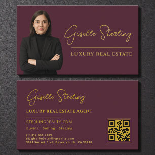 Cartão De Visita Real Estate Burgundy Dourado Código QR Script Luxu
