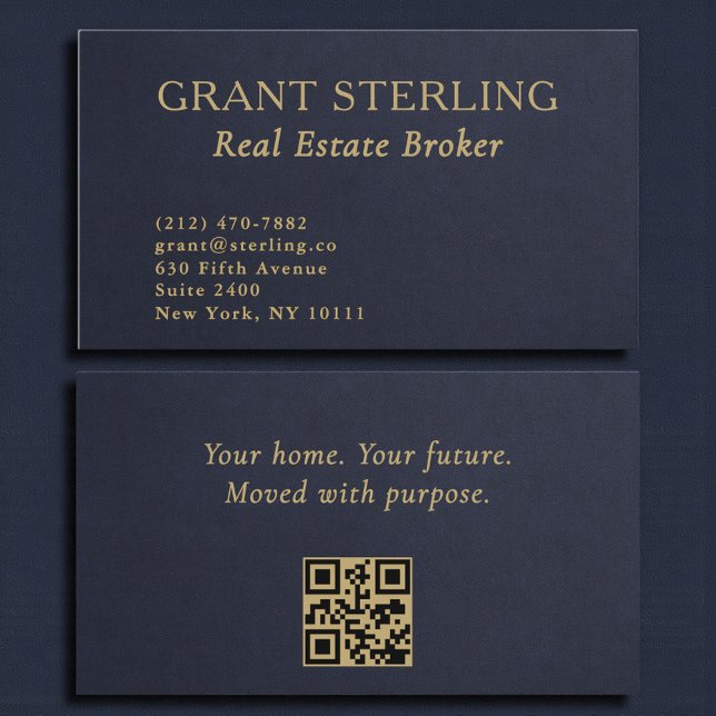 Cartão De Visita Real Estate Navy Blue Gold Slate Stone QR Code  (Criador carregado)