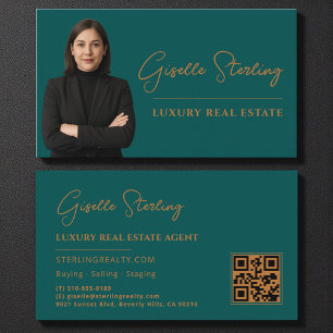 Cartão De Visita Real Estate Teal Cobre Código QR Script Luxury