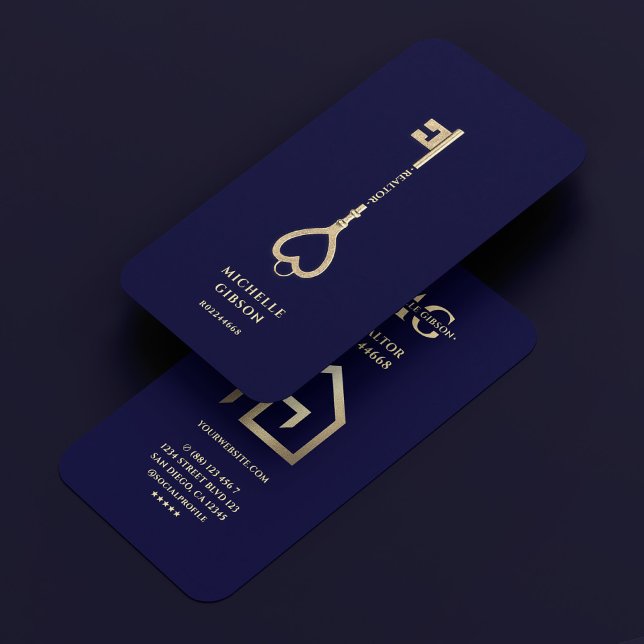 Cartão De Visita Realtor Dourado Key House Modern Midnight Blue (Realtor Gold Key House Modern Midnight Blue Business Card
)