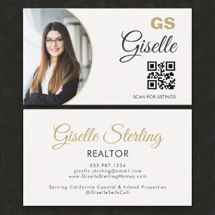 Cartão De Visita Realtor Neutro Dourado Foto Monograma Código QR