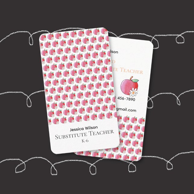 Cartão De Visita Red Apple Daisy Pattern Sub Vertical Business Card (Red apple and white flower pattern substitute teacher vertical business card .)