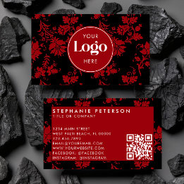 Cartão De Visita Red & Black Damask Custom Logo QR Code Template