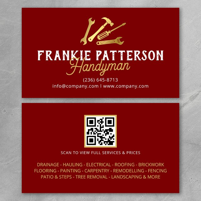 Cartão De Visita Red Gold Handyman Repair & Maintenance QR Code (Criador carregado)