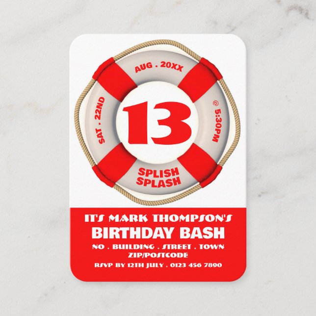 Cartão De Visita Red Life Ring, Festa de Piscina, Bilhetes de Anive (Frente)