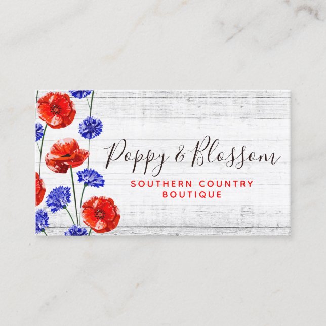 Cartão De Visita Red Poppy & Cornflower Rusflower Wood Floral Bouti (Frente)
