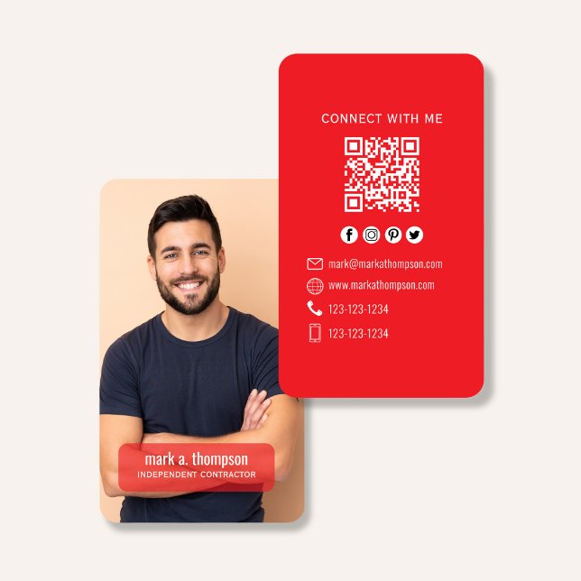 Cartão De Visita Red QR Code Photo Connect Modern Minimal (Modern photo business card with QR code in bright red minimalist design)