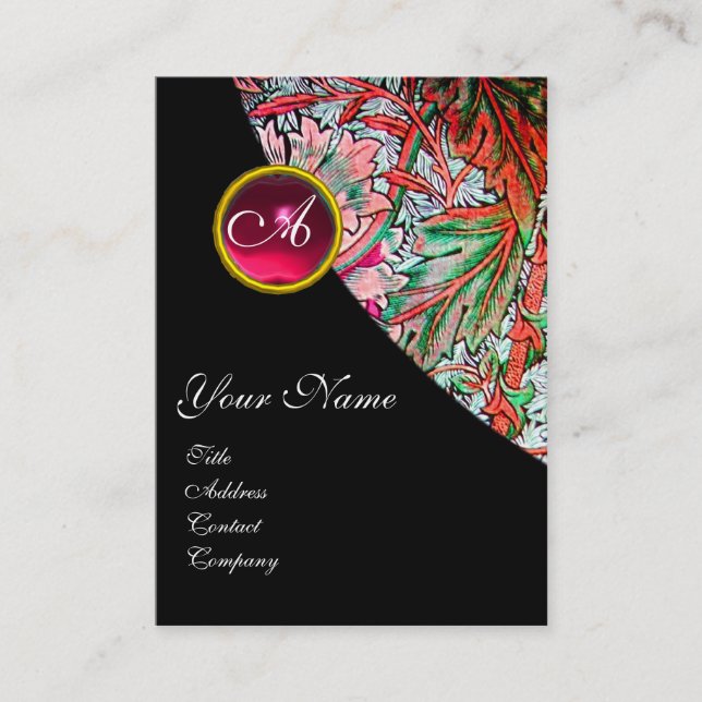 Cartão De Visita RED RUBY DAMASK MONOGRAM 3 fuchsia verde rosa azul (Frente)