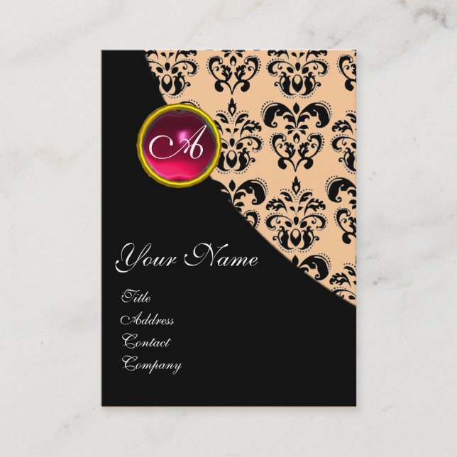 Cartão De Visita RED RUBY DAMASK MONOGRAM fuchsia rosa (Frente)