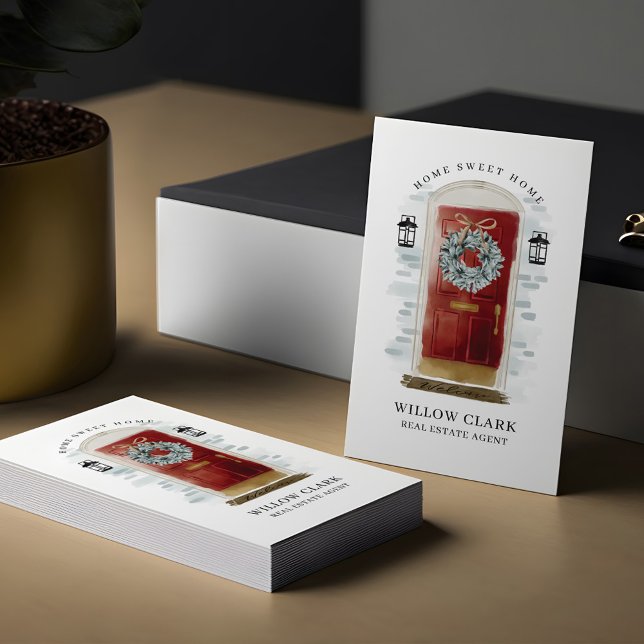 Cartão De Visita Red Watercolor Front Doy Wreath Imóveis (Red Watercolor Front Door Wreath Real Estate Business Card)