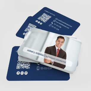 Cartão De Visita Rede de Fotos com Código QR Azul Marinho Moderno